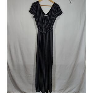 Bailey Blue Women's L Jumpsuit Black-White Dash Cross Bodice Cap Sleeve Tie Belt